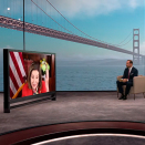 28. april: Kronprinsen drar på offisielt besøk til California - digitalt. Her tilsynelatende sammen i San Francisco: Nancy Pelosi - "Speaker" i Representantenes hus, Kronprins Haakon og utenriksminister Ine Eriksen Søreide. Skjermdump fra sending.

